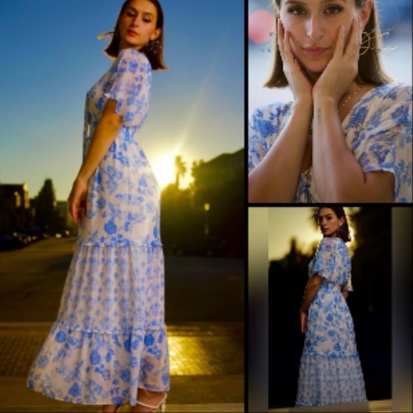 House of Harlow 1960 Blue and White Flutter Sleeve Maxi Dress M - Picture 3 of 14